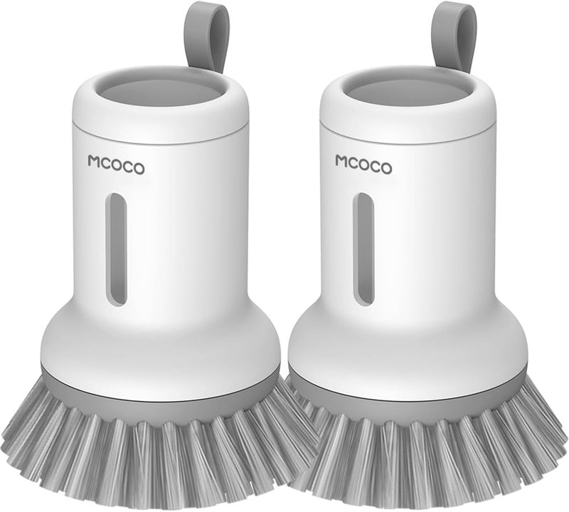 MOCOCO Soap Dispensing Palm Brush Scrub Brush with Soap Dispenser Palm Dish Brush Soap Dispenser Brush Dish Scrub Brush for Kitchen Cleaning, Pan, Pot, Sink 2 Pack White - Image 1